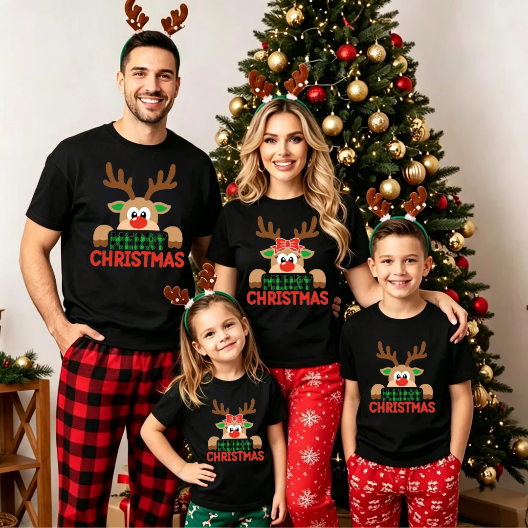Family Matching Christmas T Shirts Merry Christmas Reindeer Print Father Mother Kids Tees Baby Bodysuit Family Look Xmas Outfits