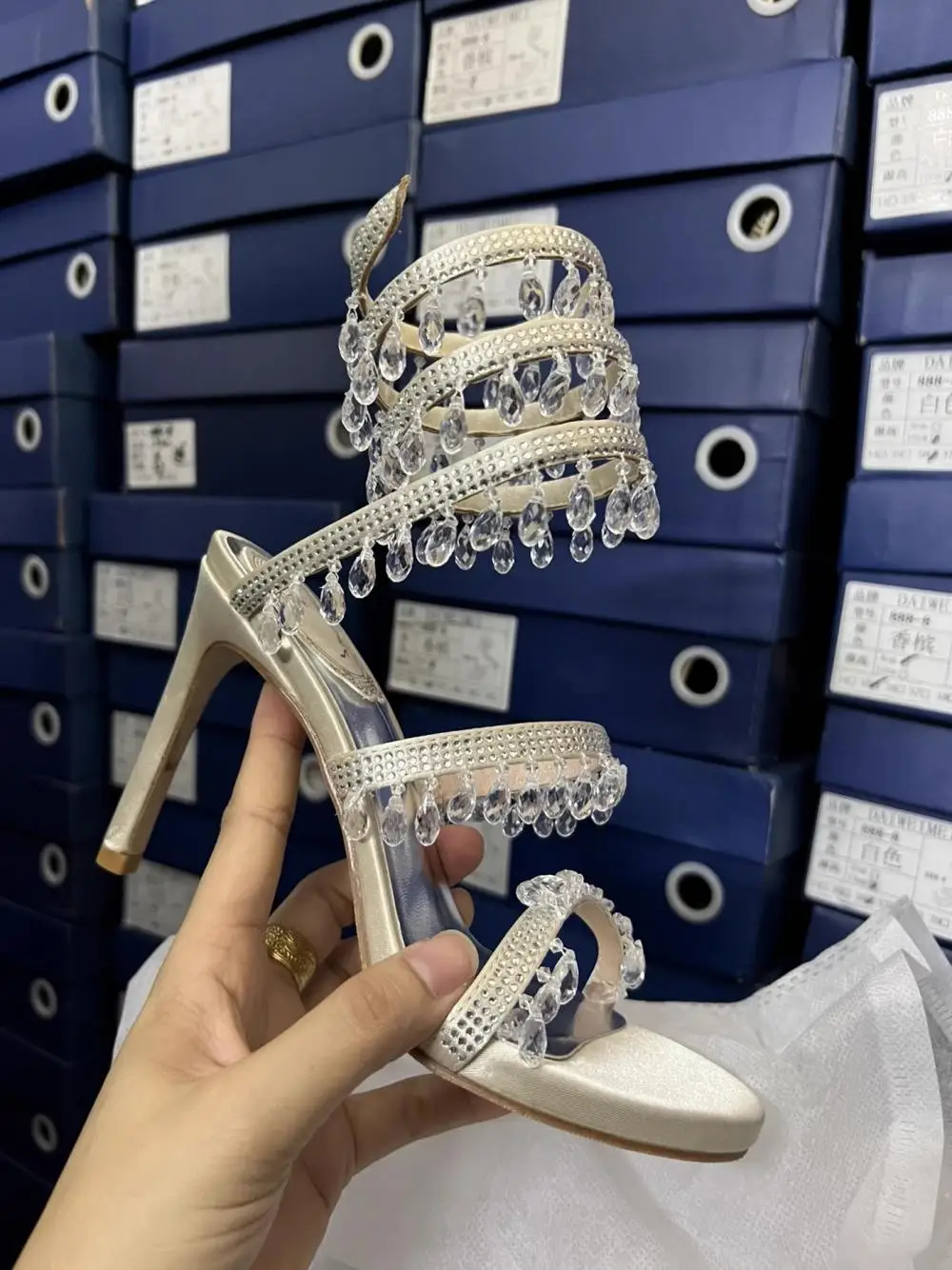 Rhinestone Snake Shape Ankle Strappy Sandals Fashion Sexy Women Party High Heel Open Toe Fringes Stiletto Heel Hollow Shoes