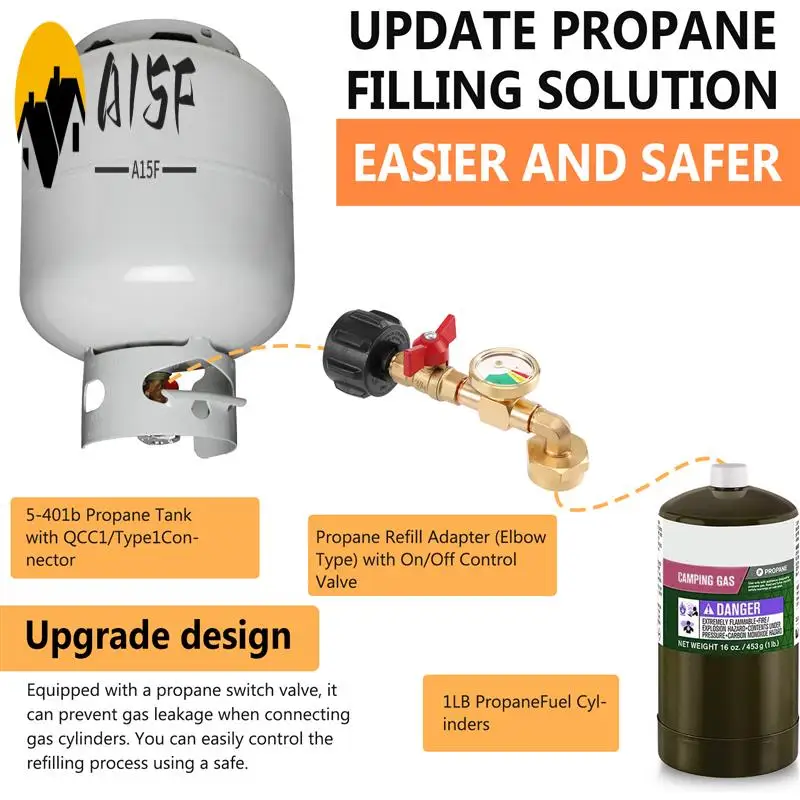 

Адаптер для заправки пропану A15F с клапаном и манометром, заполняющие бутылки емкостью 1 фунт из резервуара 20 фунтов, конструкция локтя 90 градусов, простота в использовании