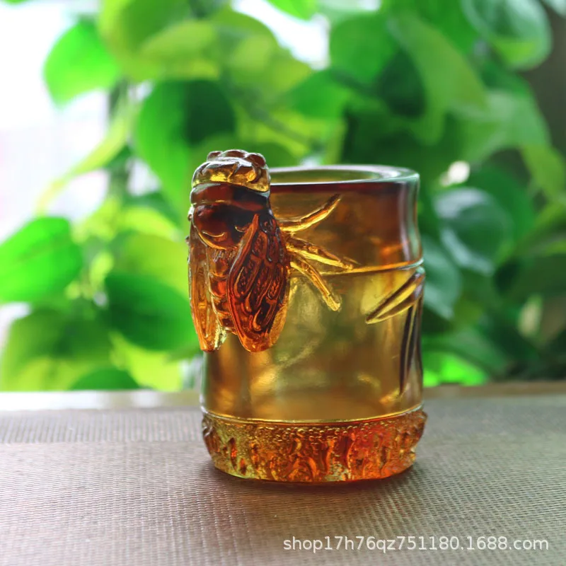 Traditional Glazed Cicada Bamboo Holder Desktop Vintage Pen Stand Office Storage Gift Ornament