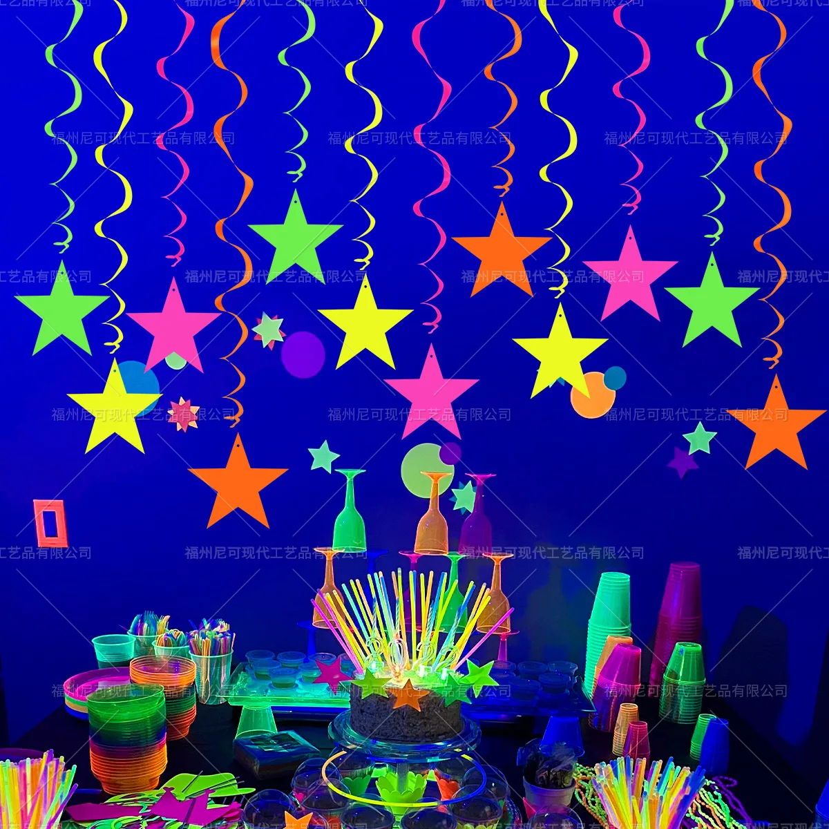 Neon Fluorescent Party Supplies Neon Paper Star Garland Glow in The Dark Spiral Decorations Wedding Birthday Blacklight Party