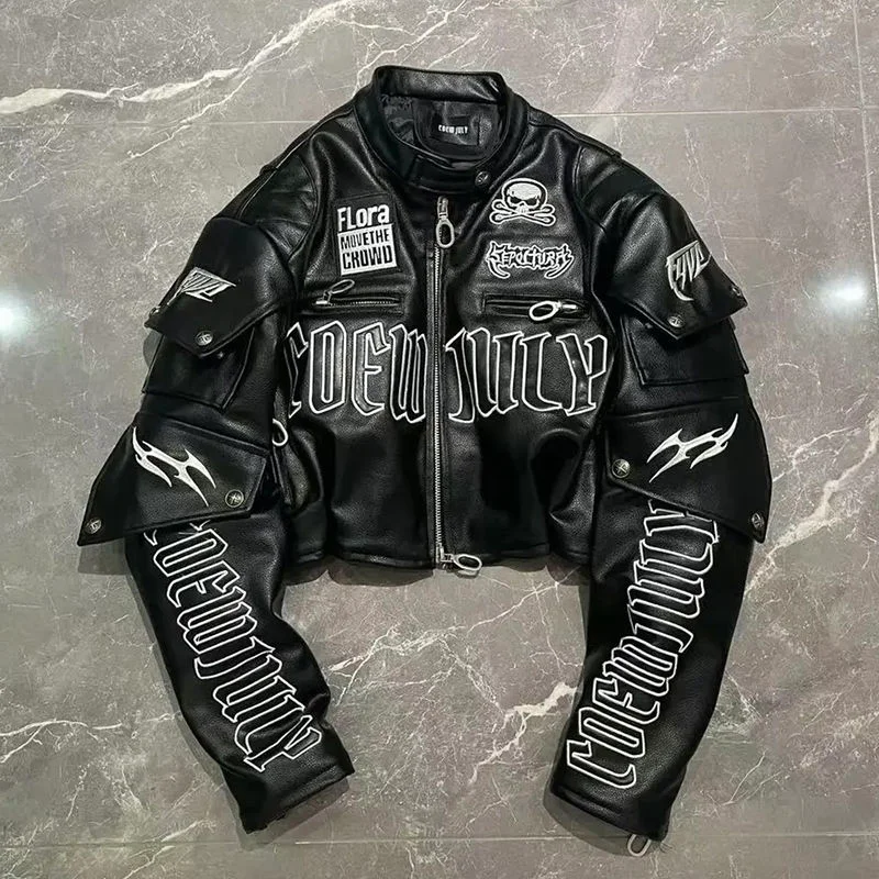 American Cool Trendy Letter Embroidered Pu Leather Jacket For Women 2025 New Skull Design Short Motorcycle Suit