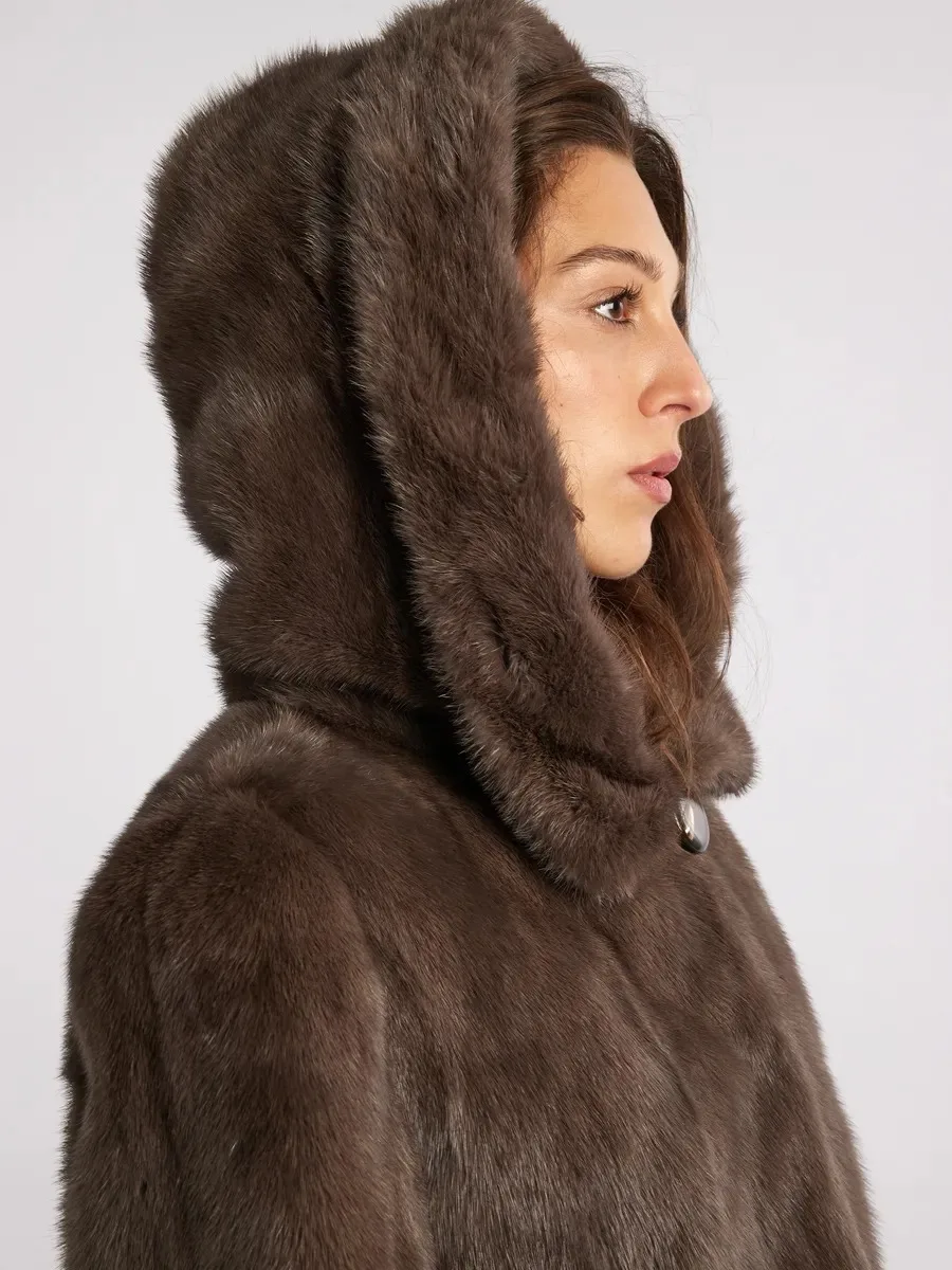 IG Women Brown Hooded Single Button Mid-Length Faux Fur Coat, Side Pockets, Winter Warm Vintage Elegant Commute Outerwear