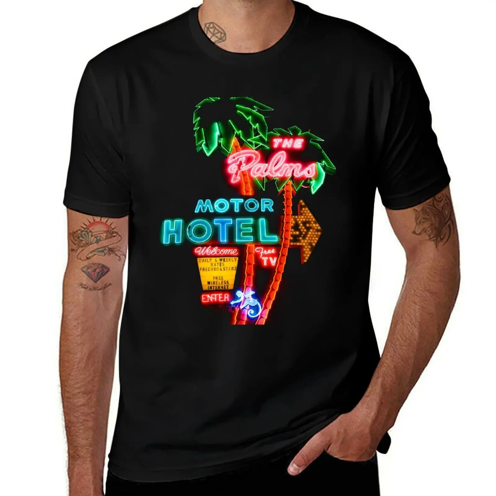 Palms Hotel Motel Neon Sign Retro T-Shirt Soft Casual Short Sleeve Cotton Tee T-Shirt