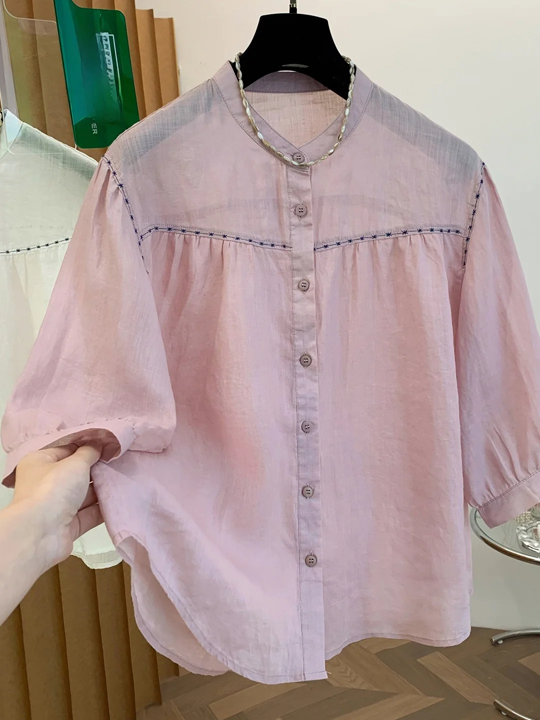 

Retro Artistic Embroidered 7/8 Sleeve Shirt Women's Summer Fashionable Youthful Versatile Casual Stand Collar Top