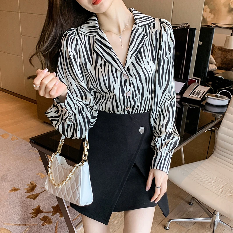 Vintage Zebra Print Chiffon Blouses Woman 2024 Spring Sexy V-Neck Long Sleeve Shirt Tops Ladies