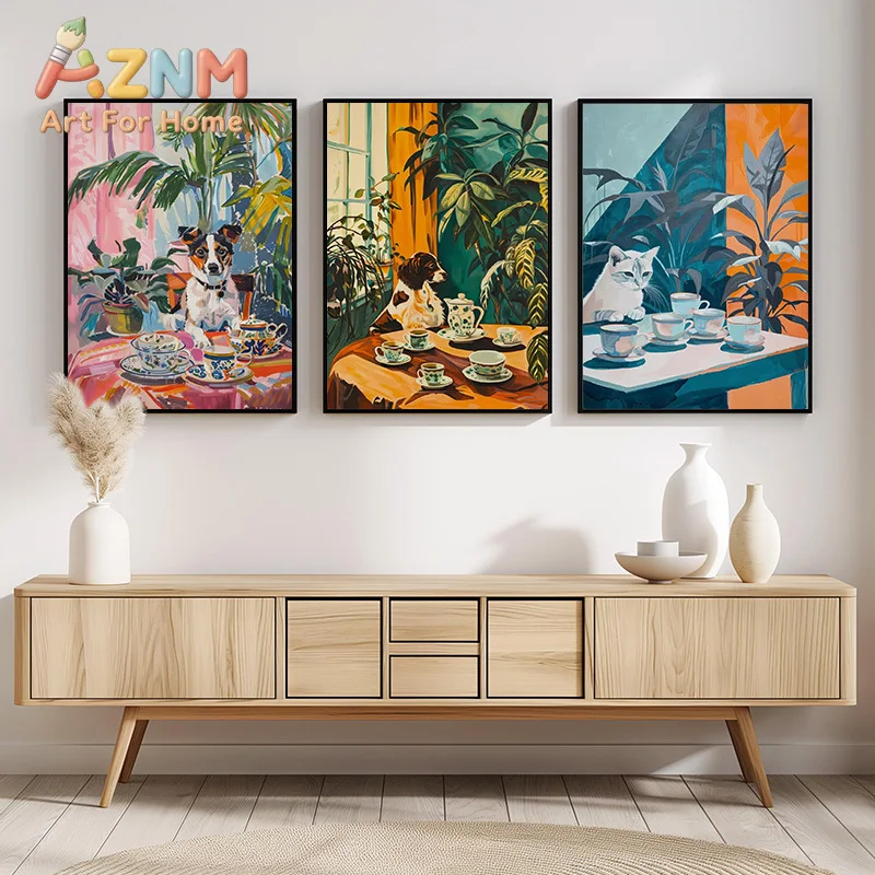 1pc frameless Canvas Painting Vintage Cat Dog Have Afternoon Tea Funny Posters and Prints Canvas Printing Wall Art Picture for L