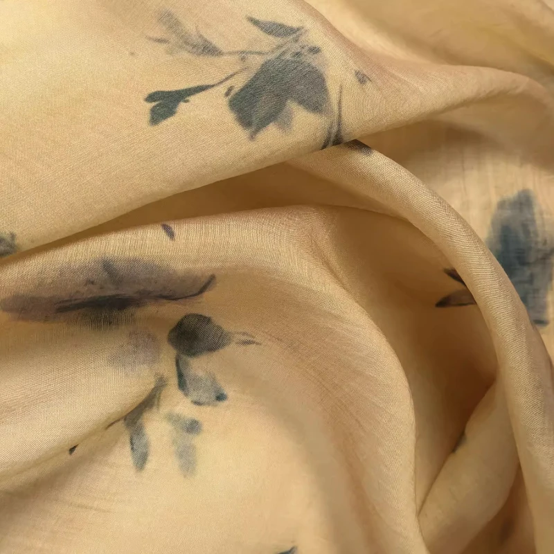 Amarillo Beige transparente Vintage estampado Floral seda Lyocell tela de lino blusa drapeada Material de vestido para ropa elegante Boho Chic