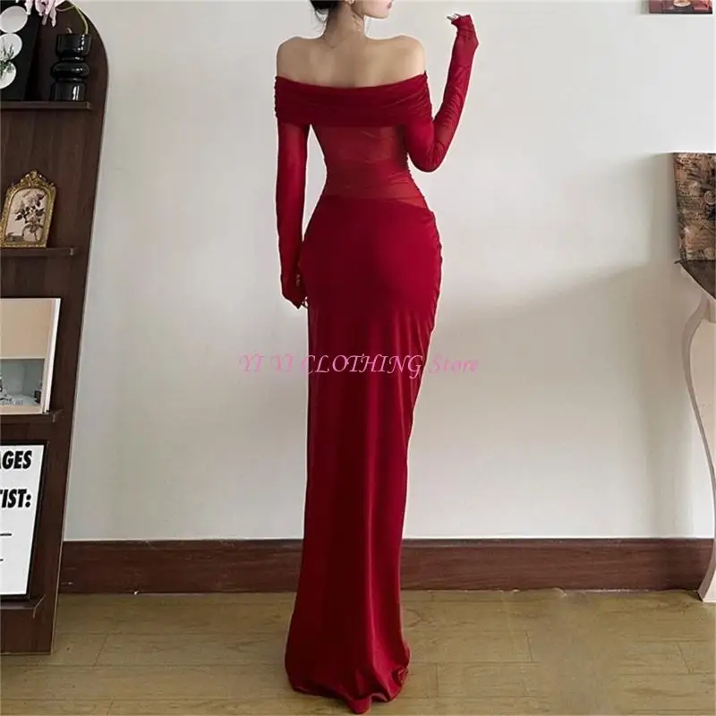 N5KF BodyCon Maxi Dress Długie rękawie Ruched Off Rame Sheer Mesh Suknia dla kobiet