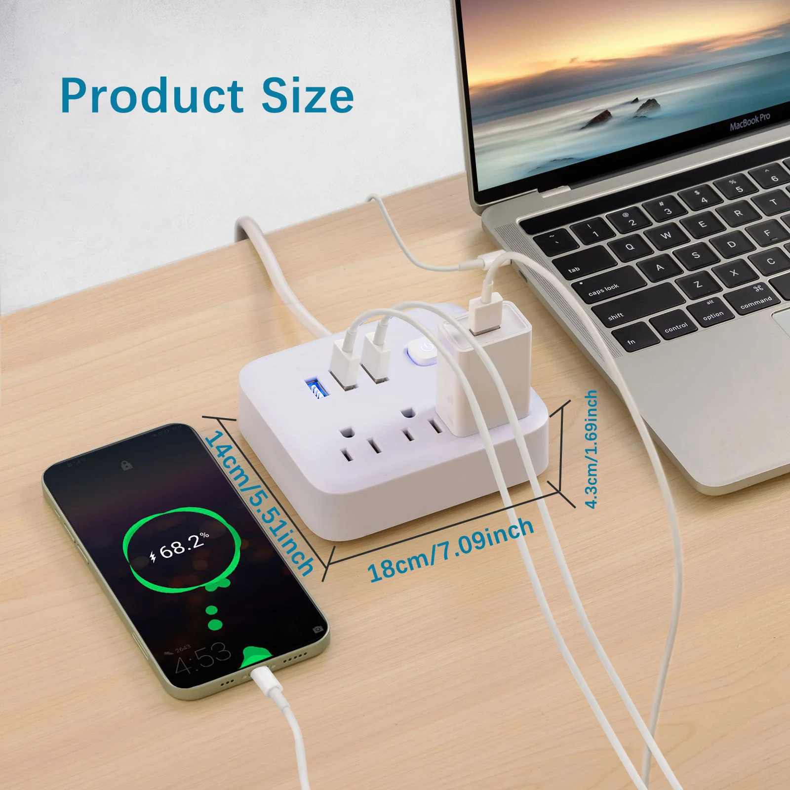 US Plug Power Strip with 3 AC Outlets +3 USB Charging Ports 1.2M Extension Cord 6-in-1 Plug Socket with On/Off Switch