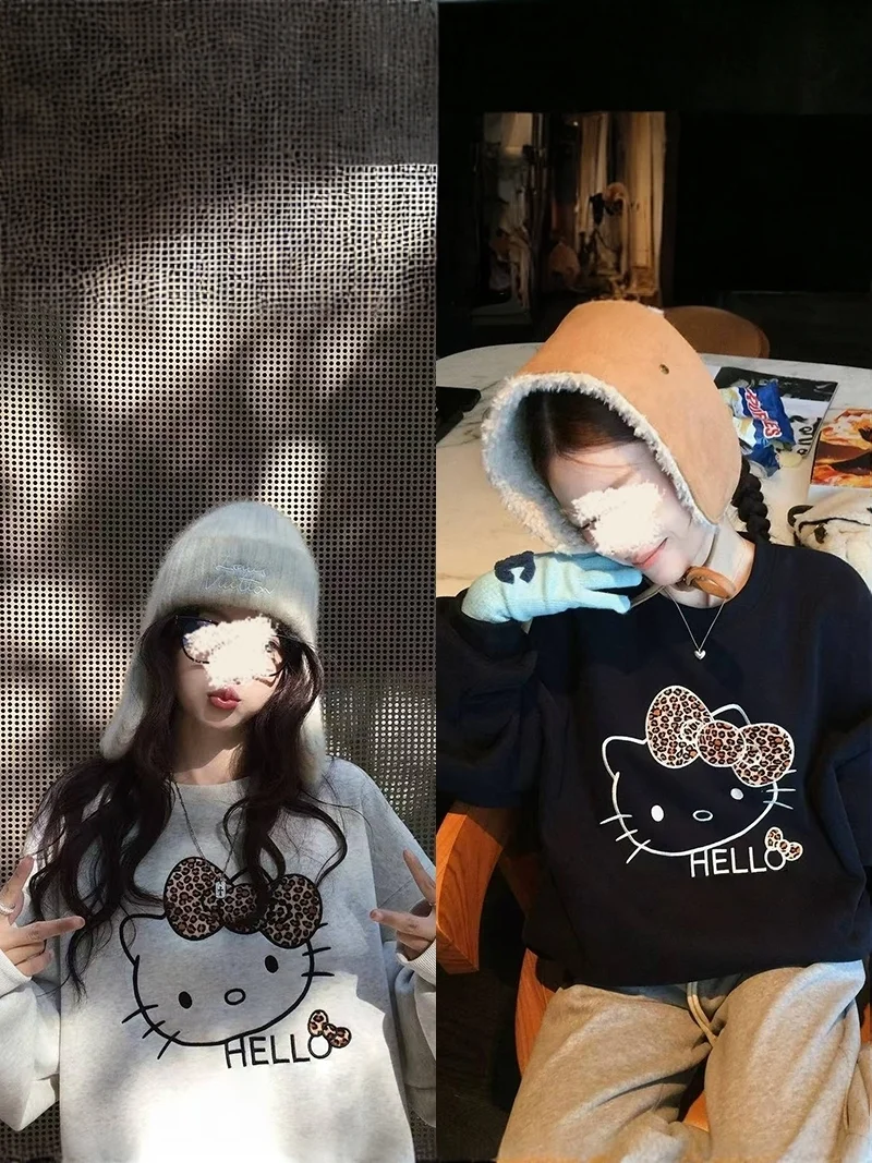 

Комплект: свитшот с леопардовым принтом, на флисовой подкладке, утепленный, свободного кроя, с круглым вырезом, повседневный, милый, женский, зимний, модный