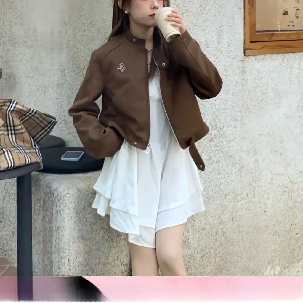 Retro Brown Suede Jacket Women's Short Flight Suit Jacket Metal Zipper Polyester Fiber Autumn New Style Slim Fit Ladies Coat