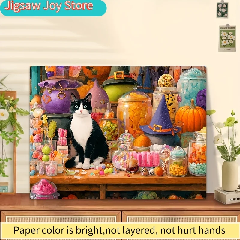 1 Caixa (500 peças) Quebra-Cabeças para Gatos Adultos e Casa de Doces de Halloween, Ideal para Jogos e Atividades de Festa - Mosaico Colorido e Divertido