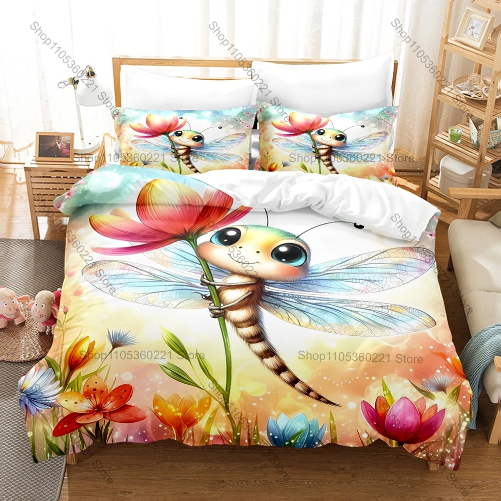 Cute Kawaii Dragonfly 3 Piece Bedding Set Soft Microfiber Duvet Cover Set with Pillowcases for Kids Bedroom Decor All Season