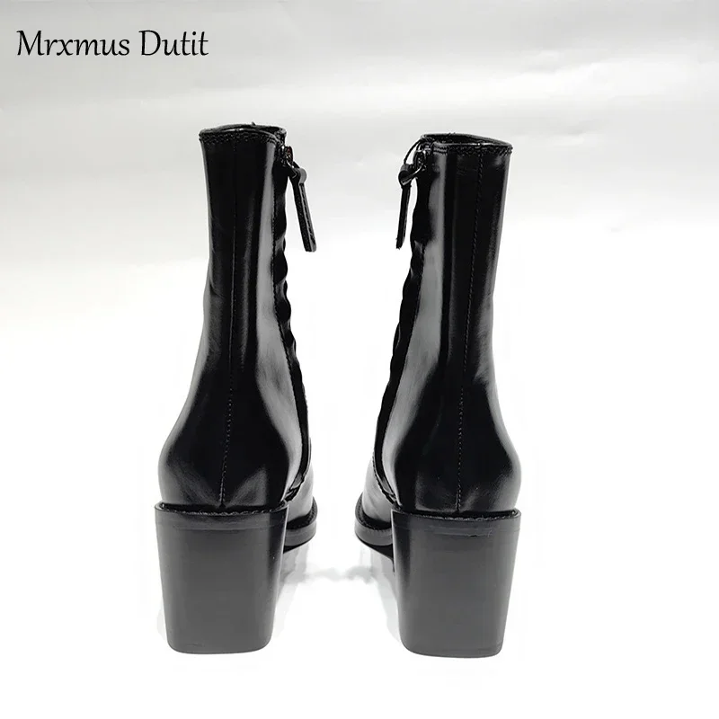 Zelxmus Dutit-Bottes en Cuir group pour Femme, Chaussures à Talon Rugueux, Tête Jolie tue, Simple, Chic, Nouvelle Collection Automne Hiver 2024