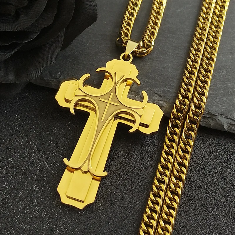 Collana con ciondolo croce a strati di lusso accessori da uomo catena in acciaio inossidabile collane maschili gioielli regali collare hombreN6134