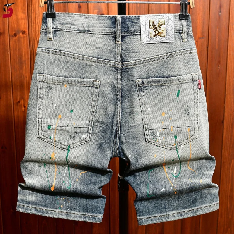 Vintage American High Street Style Ripped Denim Pants For Men, Trendy Summer Knee-Length Casual Pants