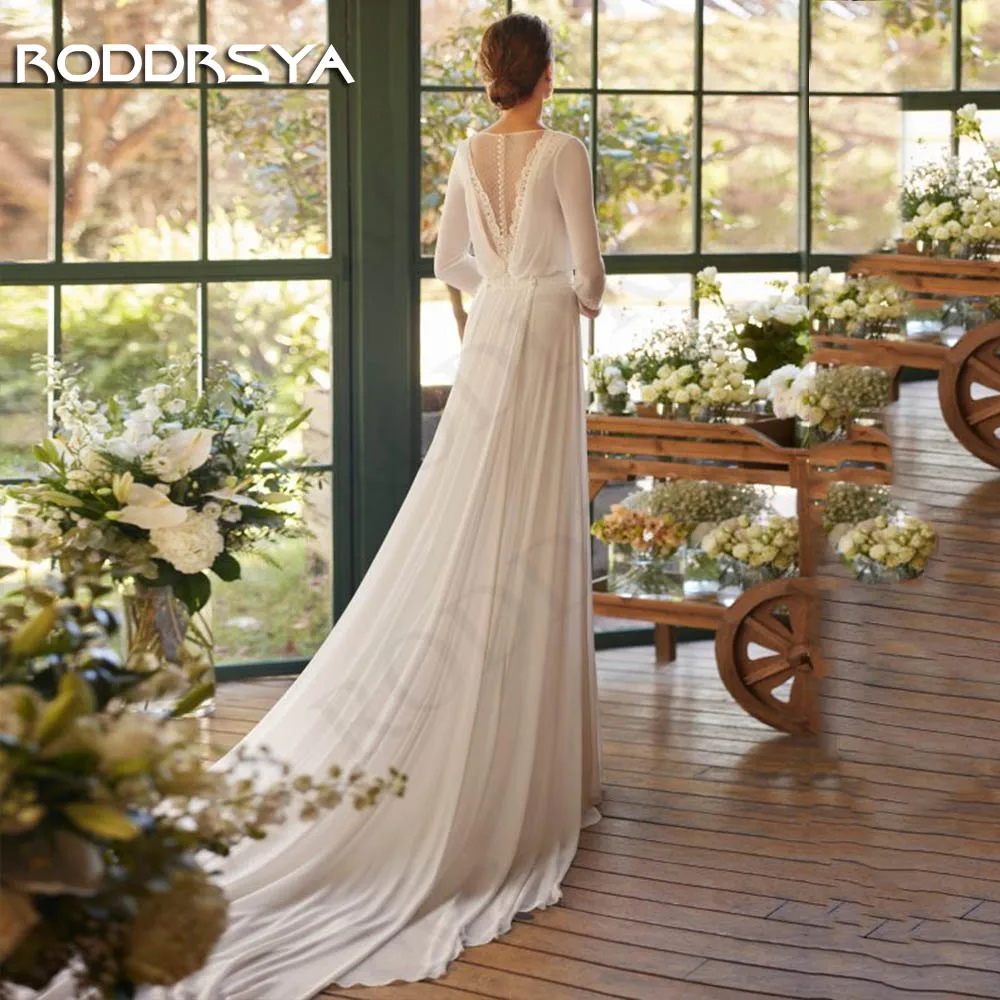 RODDRSYA Simple Mermaid Wedding Dresses V Neck Long Sleeves Lace Bridal Dress abito da sposa Illusion Chiffon Detachable Train