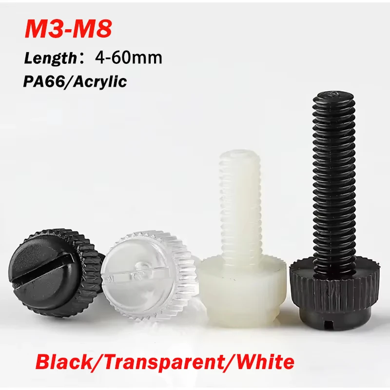 PA66 Black/White Plastic Knurl Slotted Head Blots M3 M4 M5 M6 M8 Acrylic Clear Transparent Nylon Screws Toolless Thumb Screws