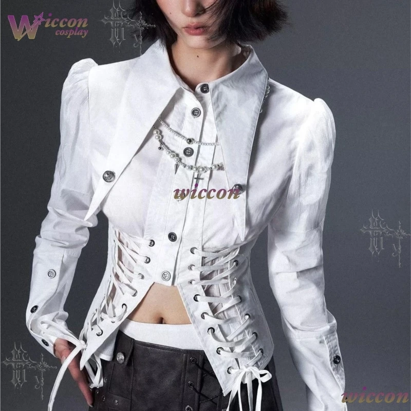 YesOk Palace Retro Lace Up Semi Sheer Spliced Lapel Slim Fit Long Sleeve Shirt Early Autumn Lost Backyard Style Casual Blouse​​​