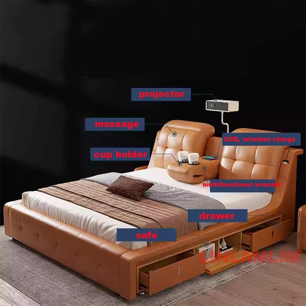 MANBAS Tech Smart Multifunctional Massage Bed With Projector, Storage, USB and Wireless Charge | Ultimate Genuine Leather Beds