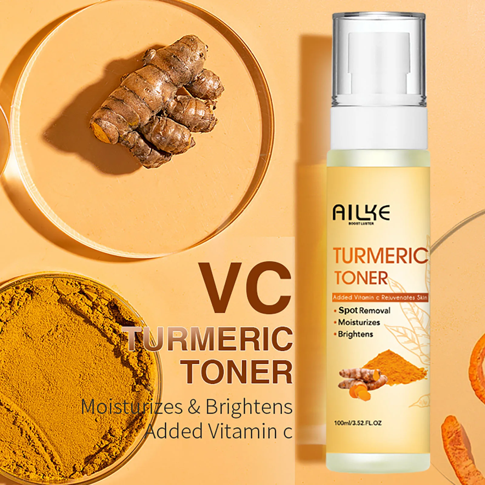 AILKE Natural Turmeric Vitamin C Facial Toner, Acne and Dark Spot Eraser, Brightening Skin Tone, Moisturizing, Hydration, 100ml