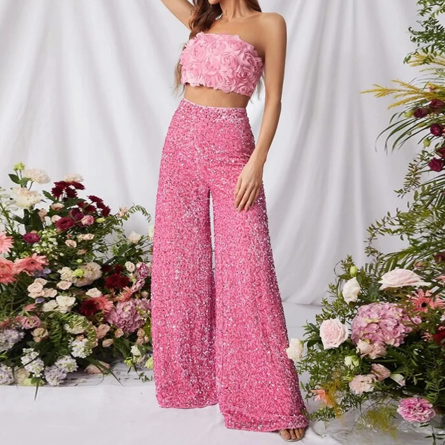 

Women Trousers Casual Sequin Sparkle Glitter Fashion 2025 Spring High Waist Pencil Pants Elastic Waist Wide Leg Pants Clubwear