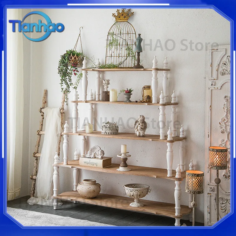 Rustic French Style Vintage Wooden Shelf Unit for Living Room Bedroom 5-Tier Floor Standing Bookshelf with Roman Column