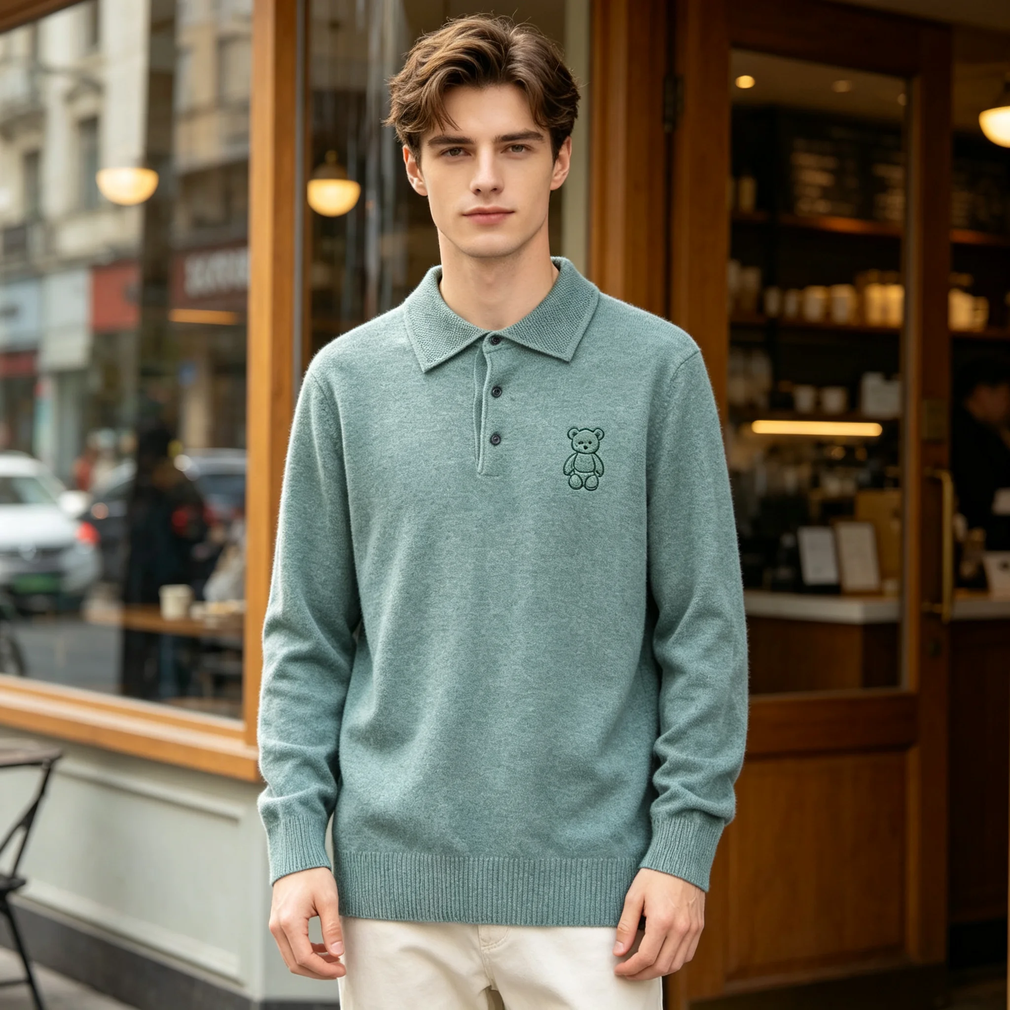 T-shirt autumn and winter 100% cashmere fashion men's solid color lapel sweater long sleeve