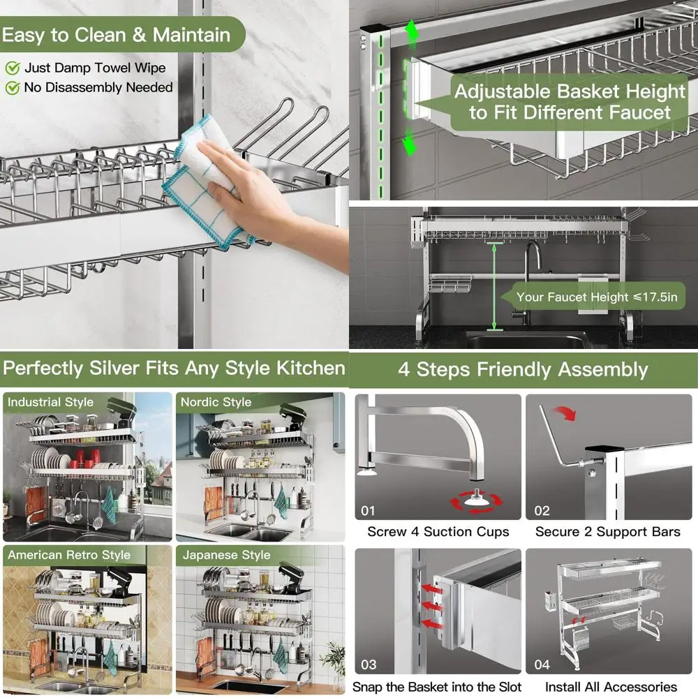 

Большая 3-ярусная сушилка для посуды из нержавеющей стали, устанавливаемая на раковину, с расширяемой конструкцией и компактным дизайном, серебристая отделка