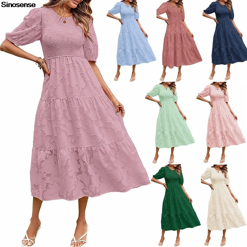 

Womens Summer Puff Sleeve Smocked Floral Dress Crewneck Lace Flowy Tiered Maxi Boho Beach Dress Elegant Cocktail Party Dress