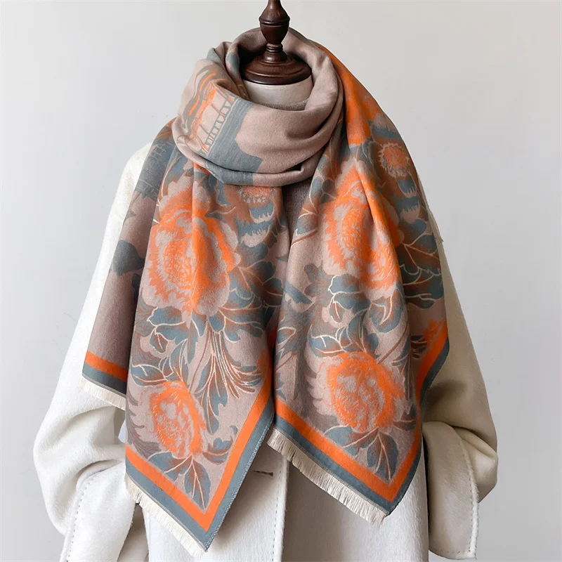 2024 Winter New Luxury Deisgn Imitated Cashmere Scarf Women Floral Print Outdoor Keep Warm Thick Shawl Soft Large Scarf Lady