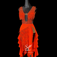 SYL orange color draped stone fringe rhinestone dancesport dress competition latin dance dress woman