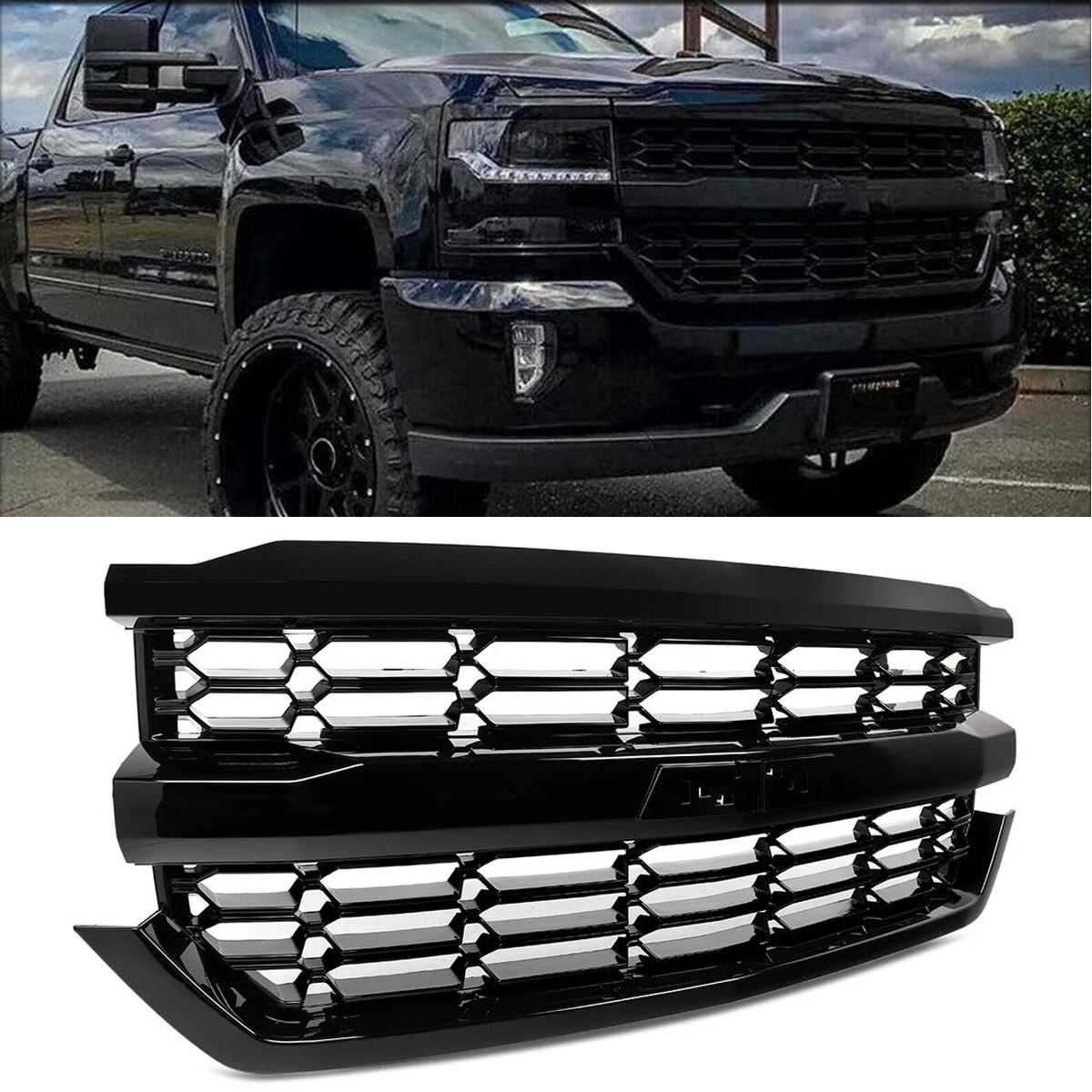 Gloss Black Front Upper Bumper Grille Grill For Chevy Silverado 1500 2016-2018