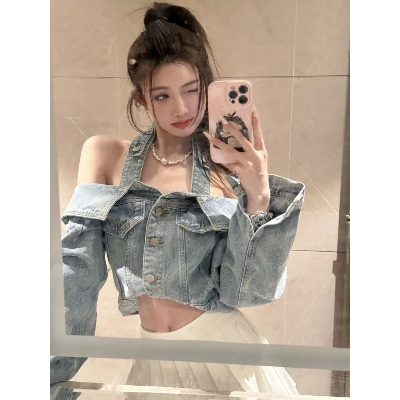 New American Fried Street Spice Girl One-word Shoulder Hanging Neck Off The Shoulder Design Washed Denim Short Jacket Women