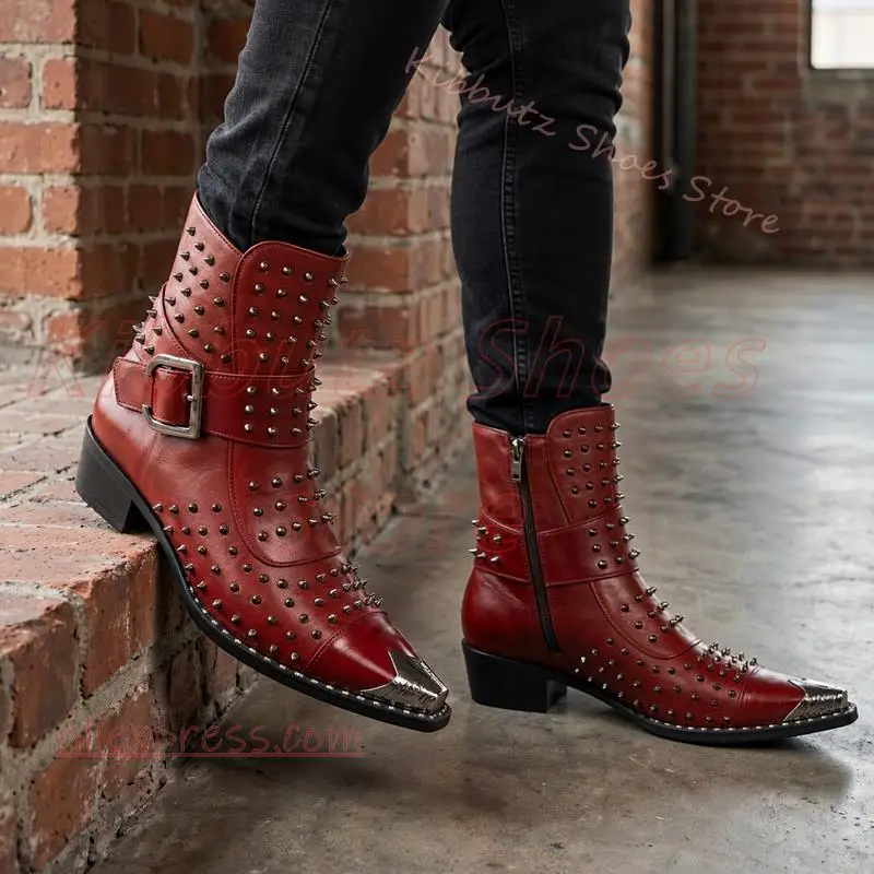 Ankle Boot Studded Buckle Strap Pointed Toe Punk Rock Side Zip Block Heel Fashion Luxury Elegant Solid Color Cowboy Shoes Sexy