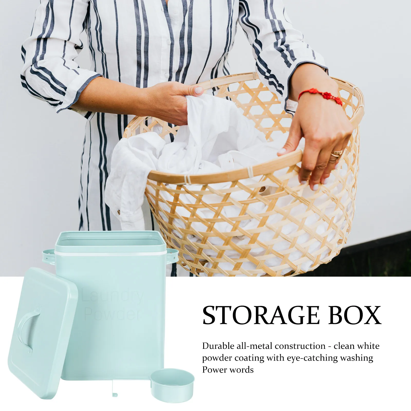 

Laundry Powder Container Sturdy Metal Laundry Bucket Large Capacity Easy Clean Storage Box with Handle Scoop Storage Box