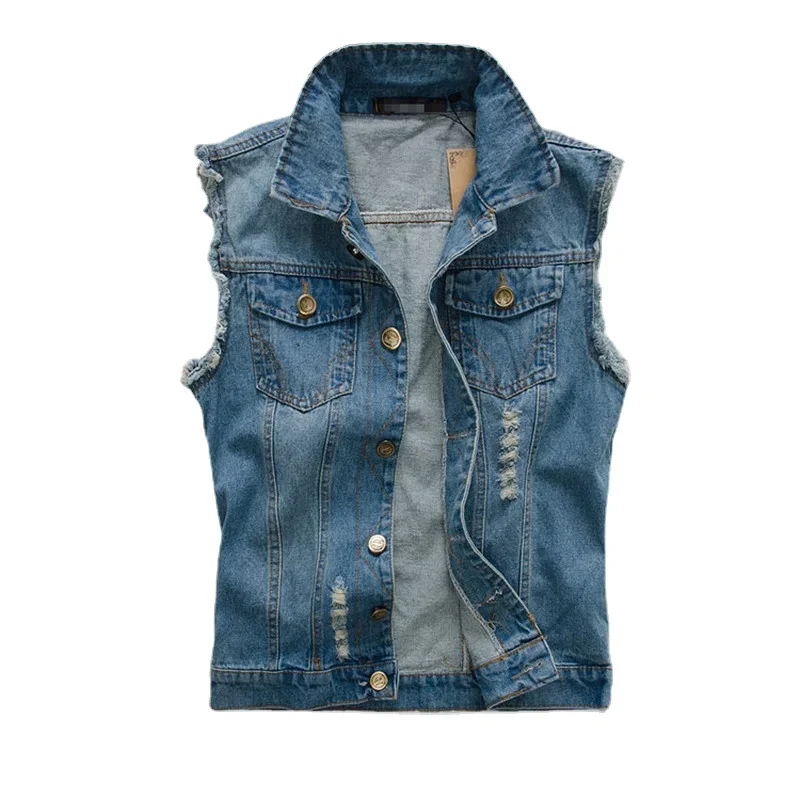 Men Denim Vests Jackets Waistcoats Light Blue Ripped Denim Coats Vests New Fashion Male Cotton Slim Black Jeans Waistcoats 6XL