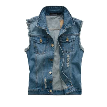 Men Denim Vests Jackets Waistcoats Light Blue Ripped Denim Coats Vests New Fashion Male Cotton Slim Black Jeans Waistcoats 6XL 4