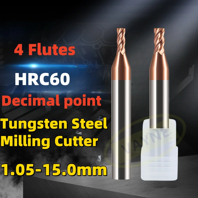 

1PCS Decimal Point Flat End Mill HRC60 CNC Cutter Tools 4 Flute D1.05-D15.0mm Carbide Tungsten Steel Milling Cutter TIN-Coating