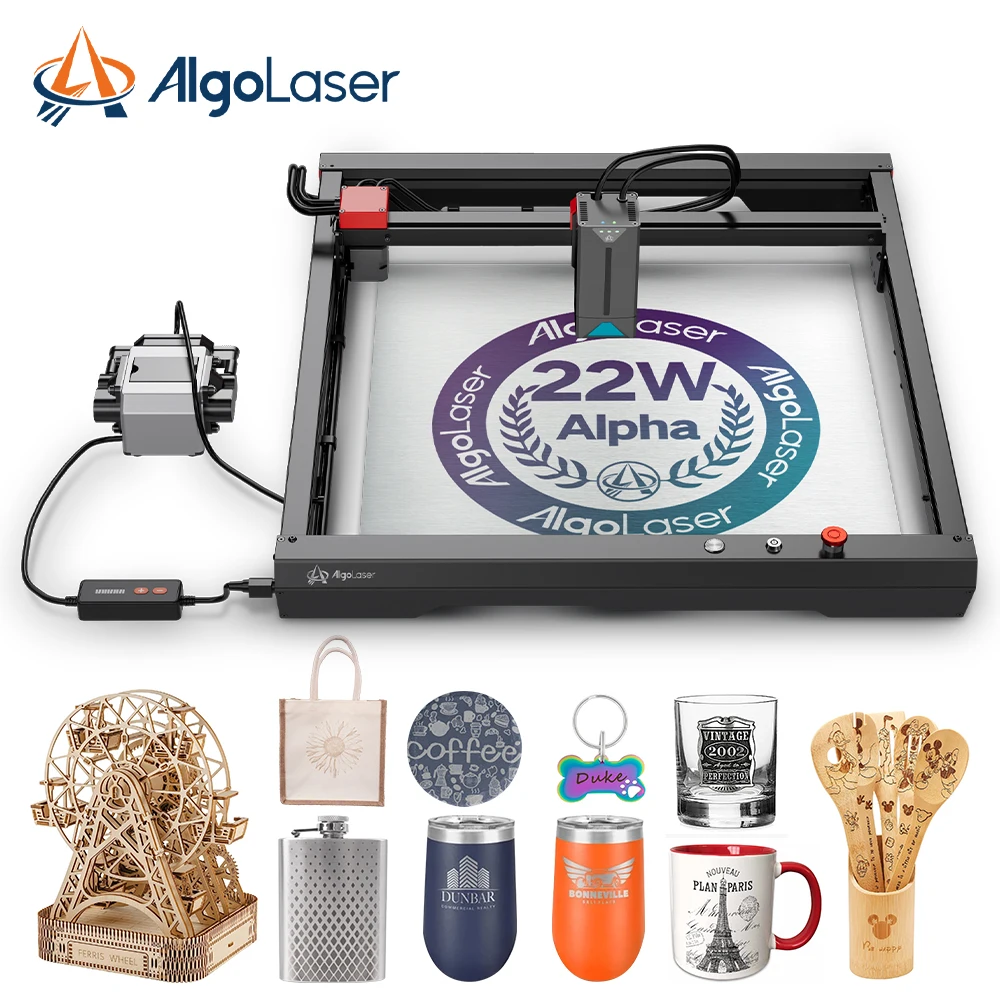 AlgoLaser Alpha 22W Laser Engraver Cutting Machine 400*400mm Engraving Area with Air Assist Pump 500+ Color Engraving