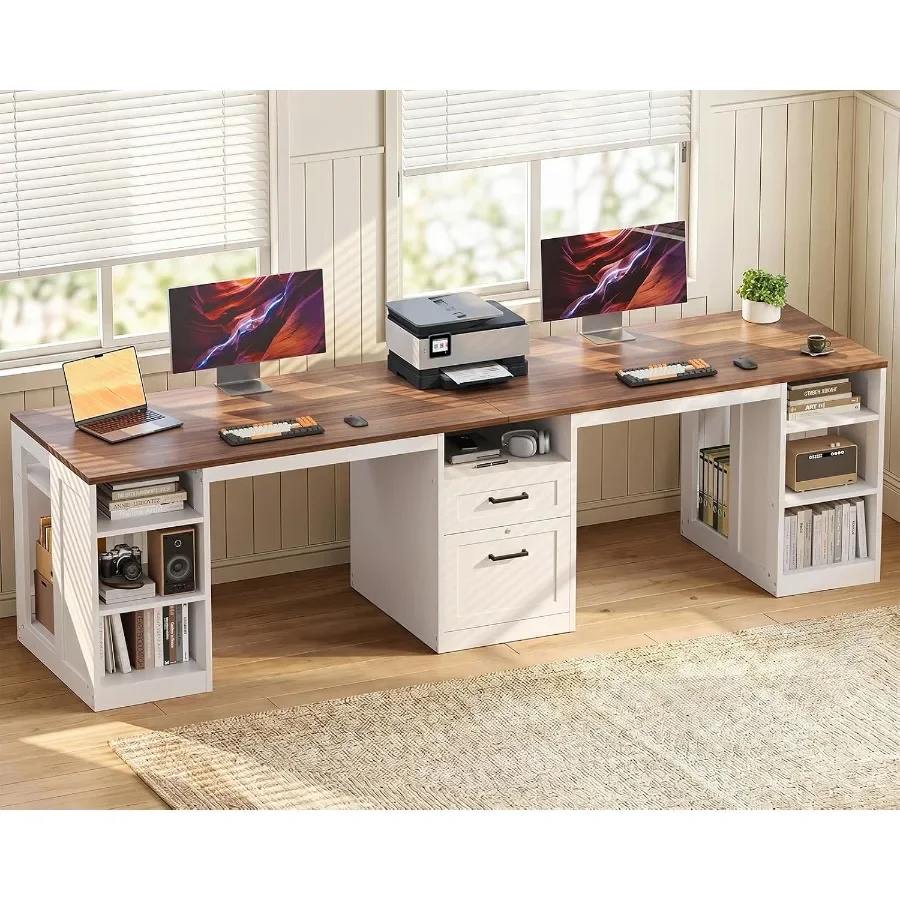 Farmhouse 95.3 Inch Two Person Computer Desk, + White