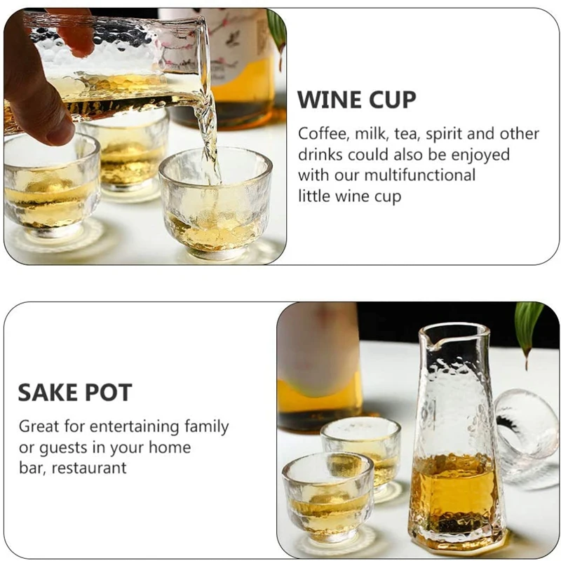 4 Pcs of Transparent Japanese Sake Jug ,One Jug Three Glasses Glass Liquor Glass Set with Hammer