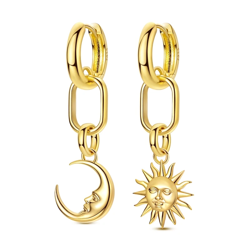 

925 Sterling Silver Earrings Women Sparkling Golden Sun Moon Drop Earring For Anniversary Wedding Jewelry Gifts