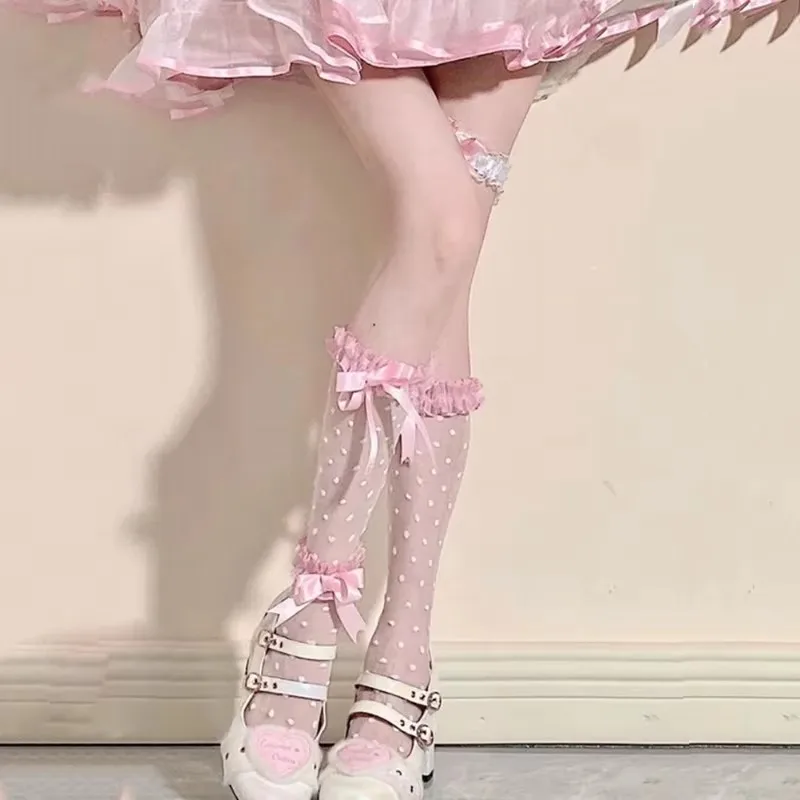 

Kawaii Lolita Lace Black and White Fishnet Socks Female Japanese Pink Bow Personality Dot Print Knee-length Socks Cute Sexy 2022