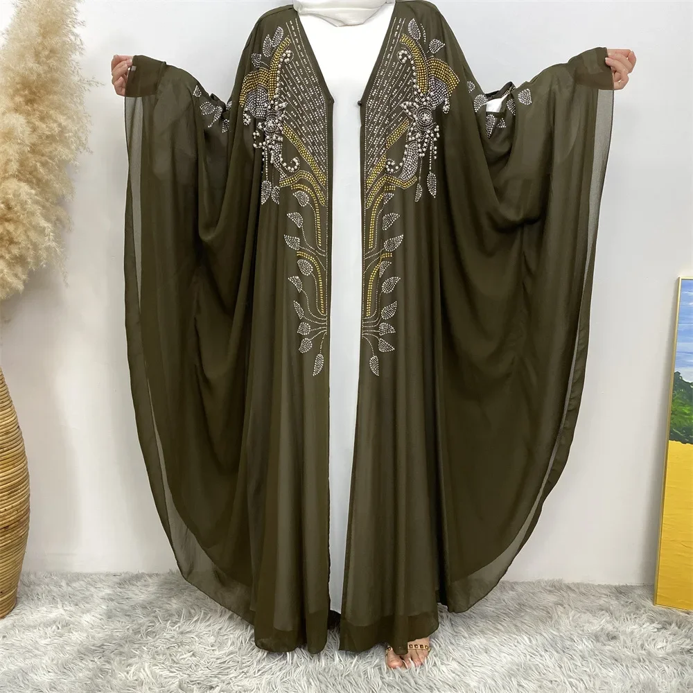 

Luxury Diamonds Dubai Open Abaya Muslim Women Dress Batwing Sleeve Kimono Cardigan Marocain Jalabiya Islamic Kaftan Eid Ramadan