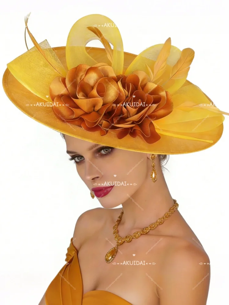 Women Elegant Royal Ascot Big Fascinator Hat Wedding Flower Ladies Headpiece Cocktail Party Dinner Millinery Cap For Kentucky