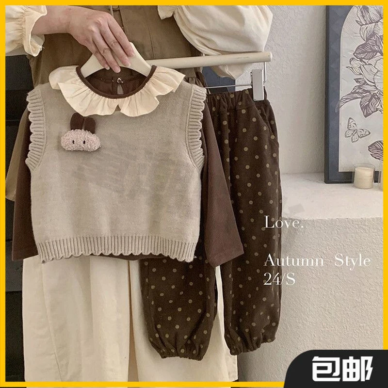 3 PCS set Spring Autumn Girls Clothing set Casual Knit vest+ Shirt+Loose Pant Kid Children baby toddler Fashion clothes 2-10 y