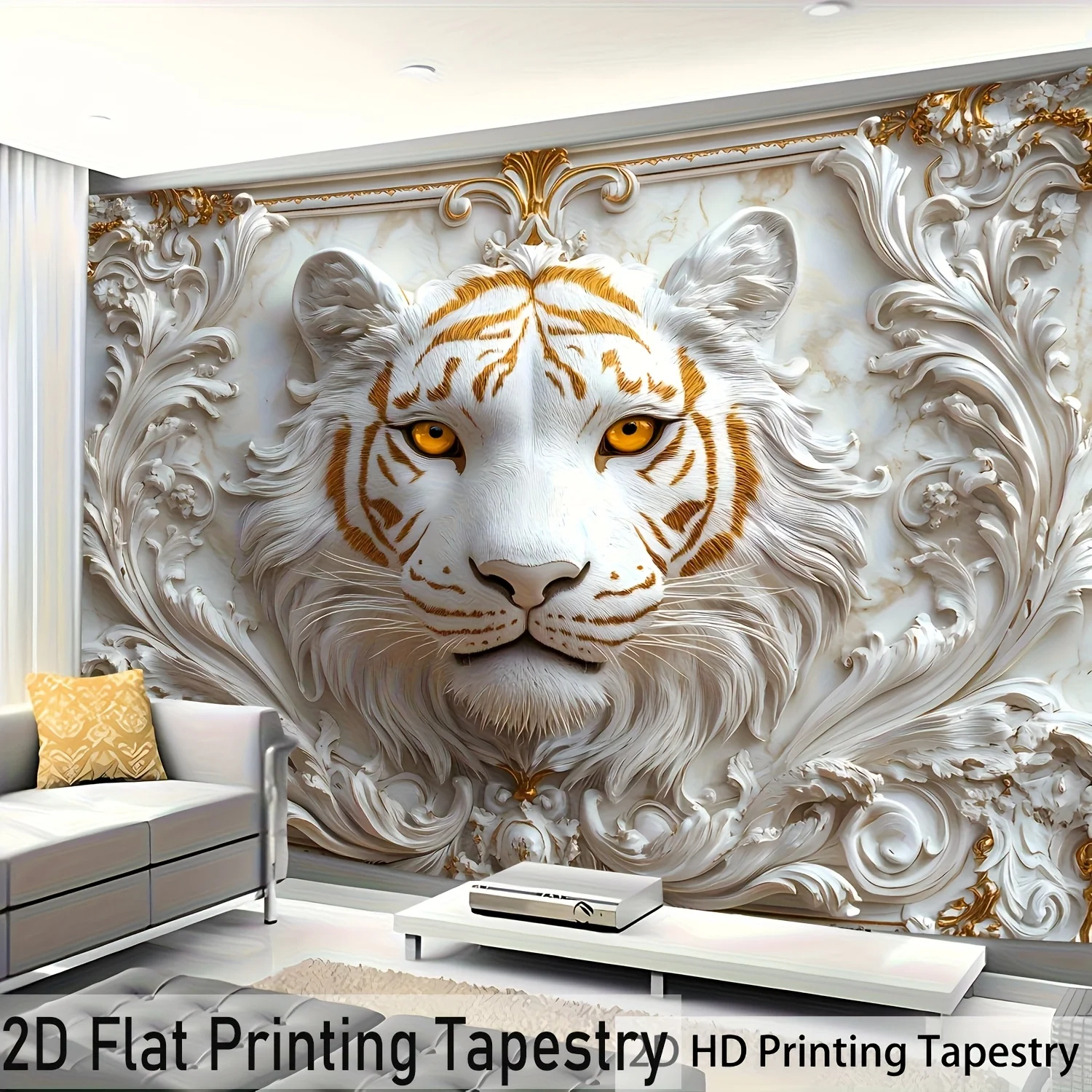 Luxury White Tiger Scene Tapestry Gold Ornament Background Elegant Decor Wall Hanging for Living Room or Bedroom Decoration