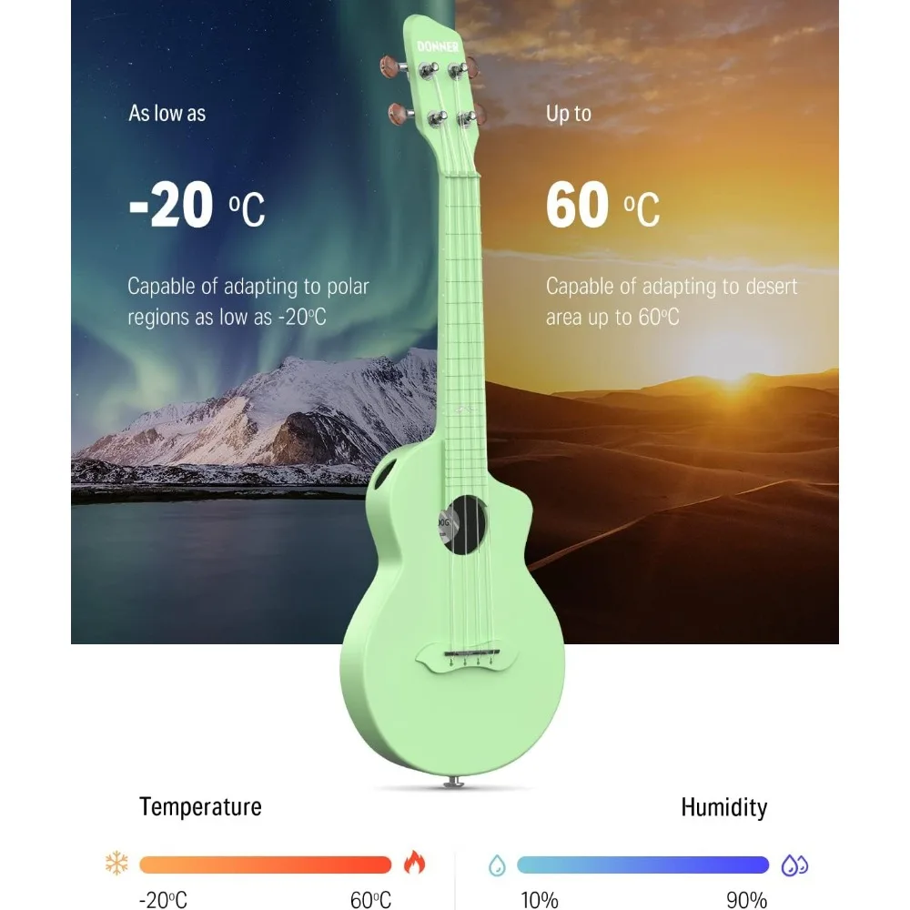 Donner Concert Ukulele Green Carbon Fiber 23 Inch Travel Starter Bundle Kit Gig Bag Strap Nylon String Tuner Picks Cloth DCF100